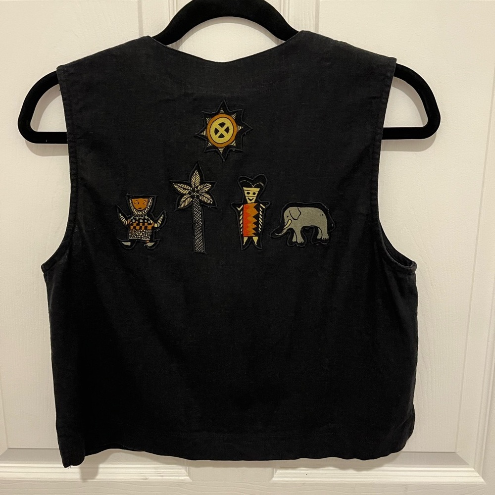 Vintage Stonebridge Linen Blend Black Novelty Artsy Vest Safari Animals Size S/P - Picture 2 of 12